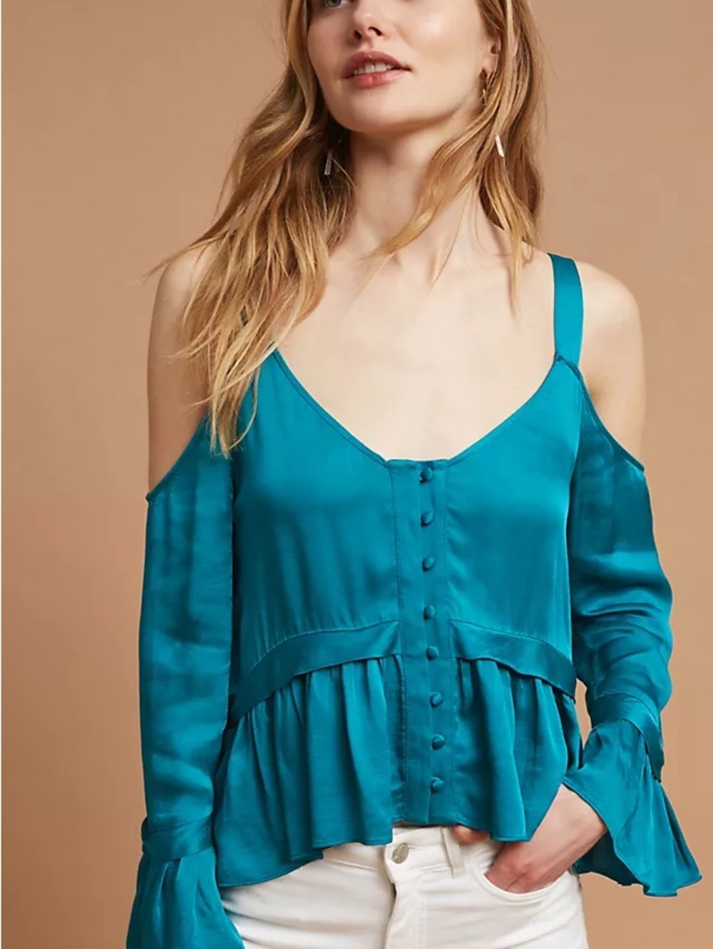 Anthropologie Maeve Teal Ruffle Button-Front Women's Tank Top